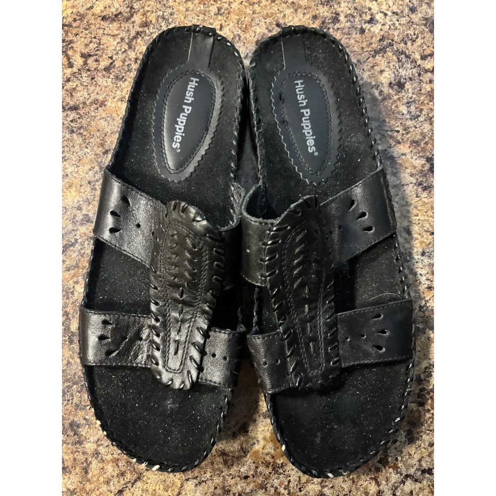 Hush Puppies H54300 Black Leather WaveReflex Whipstitch‎ Slide Sandals Womens 8M